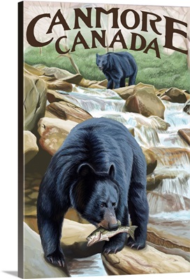 Canmore, Alberta, Canada - Black Bears Fishing: Retro Travel Poster