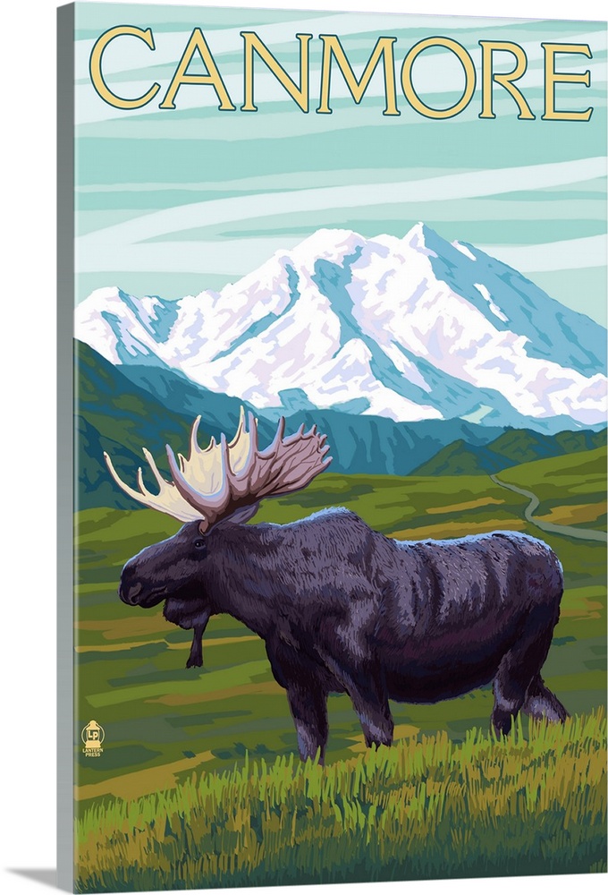 Retro stylized art poster of a moose in the wilderness. With large snow covered mountains in the background.