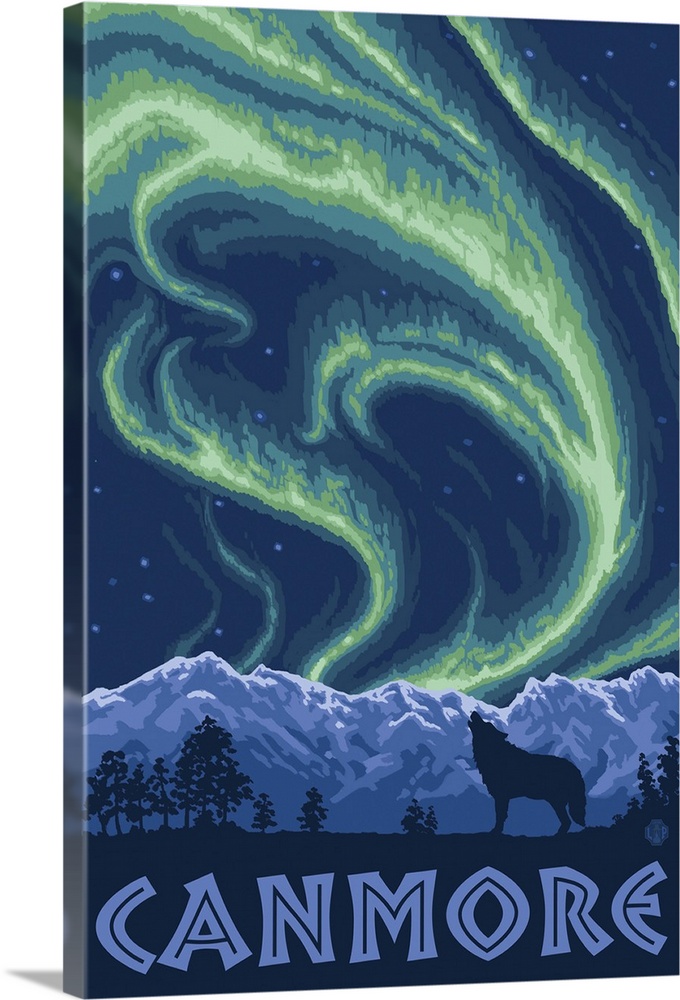 Canmore, Alberta, Canada - Northern Lights: Retro Travel Poster