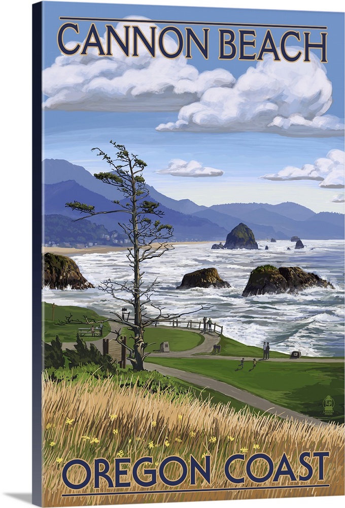 A tretro stylized art poster of a landscape scene of the shore of a this northwest beach.
