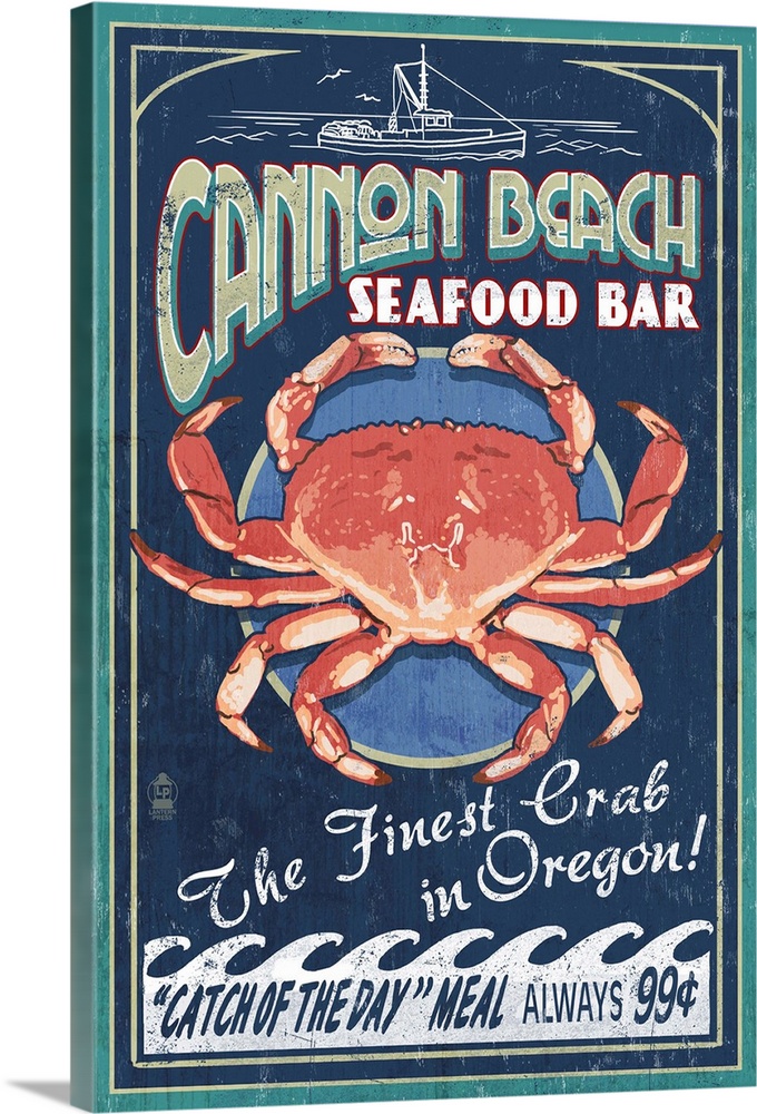 Cannon Beach, Oregon - Dungeness Crab Vintage Sign: Retro Travel Poster