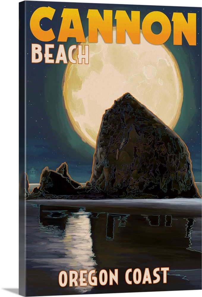 Cannon Beach, Oregon - Haystack Rock and Full Moon: Retro Travel Poster