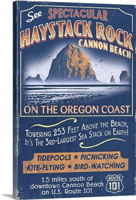 Cannon Beach, Oregon - Haystack Rock Vintage Sign: Retro Travel Poster