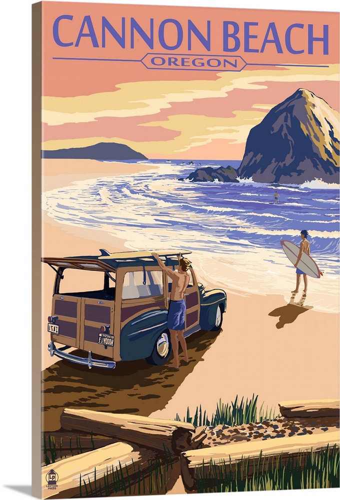Cannon Beach, Oregon - Woody and Haystack Rock: Retro Travel Poster
