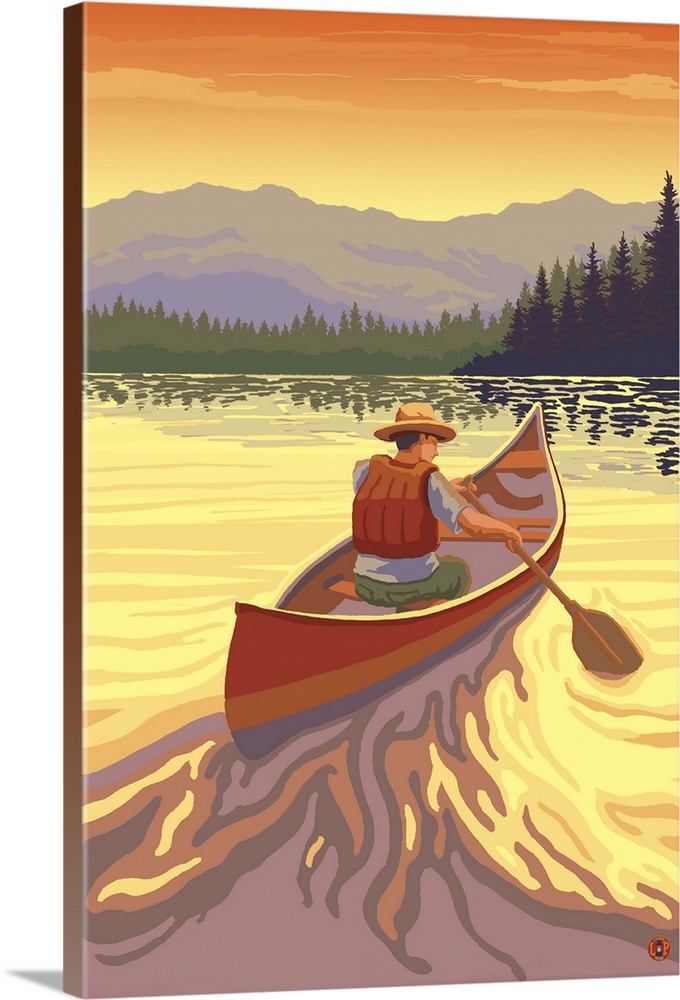 Canoe at Sunset: Retro Poster