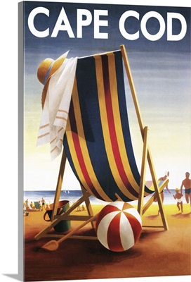 Cape Cod, Massachusetts -  Beach Chair and Ball  Retro Travel Poster
