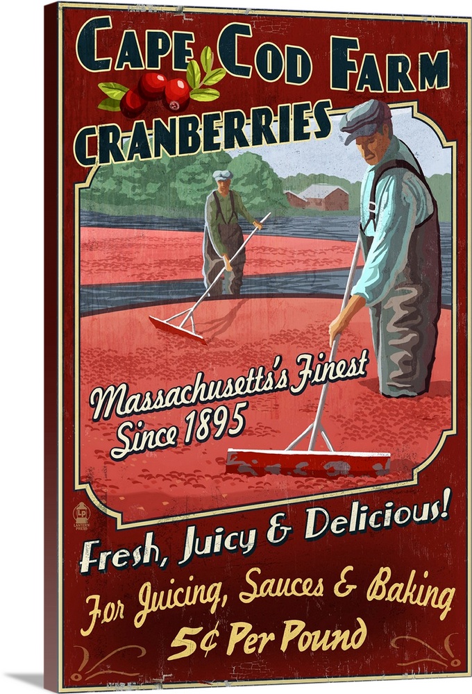 Cape Cod, Massachusetts - Cranberry Vintage Sign: Retro Travel Poster