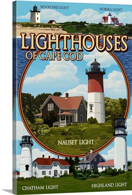Cape Cod, Massachusetts - Lighthouses Montage: Retro Travel Poster
