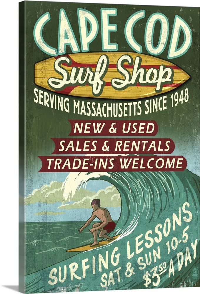 Cape Cod, Massachusetts - Surf Shop Vintage Sign: Retro Travel Poster