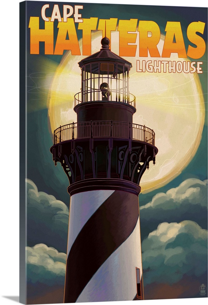 Cape Hatteras Lighthouse Full Moon - Outer Banks, North Carolina: Retro Travel Poster
