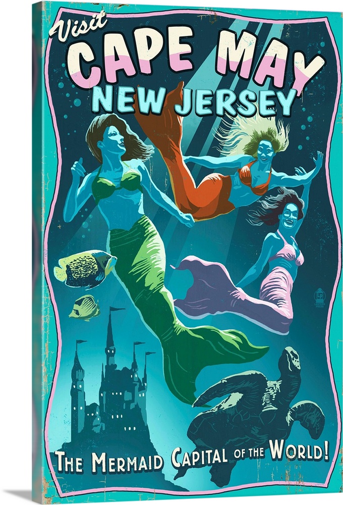 Cape May, New Jersey - Mermaids Vintage Sign: Retro Travel Poster