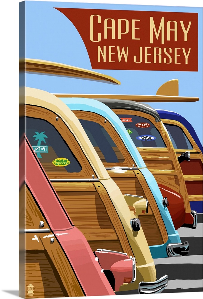 Cape May, New Jersey - Woodies Lined Up: Retro Travel Poster