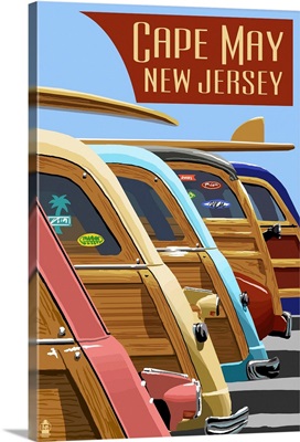 Cape May, New Jersey - Woodies Lined Up: Retro Travel Poster