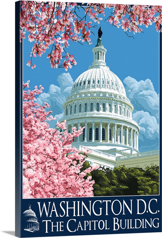 Capitol Building and Cherry Blossoms - Washington DC: Retro Travel Poster