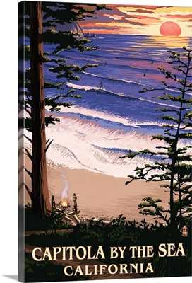 Capitola, California - Capitola By the Sea Sunset and Surfers: Retro Travel Poster