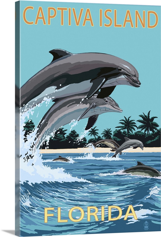 Captiva Island, Florida - Dolphins Swimming: Retro Travel Poster
