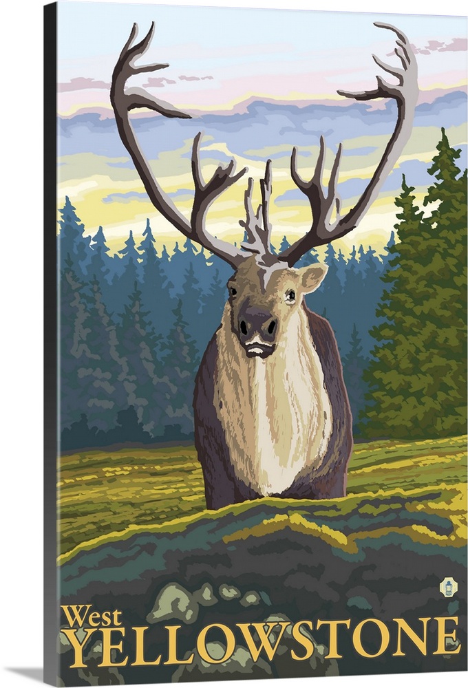Caribou in the Wild - West Yellowstone, MT: Retro Travel Poster
