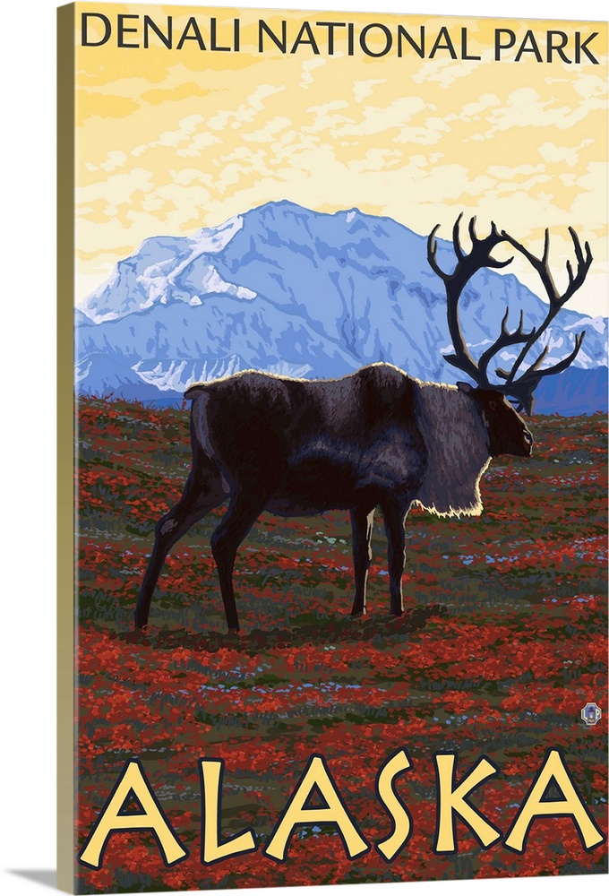 Caribou Scene - Denali National Park, Alaska: Retro Travel Poster
