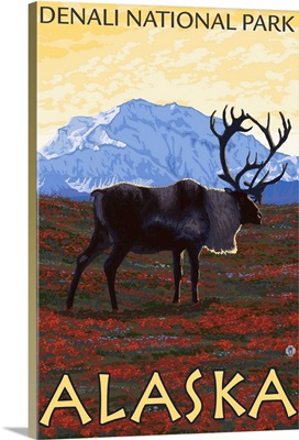 Caribou Scene - Denali National Park, Alaska: Retro Travel Poster