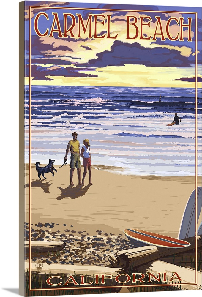 Retro stylized art poster of a couple with dog walking along a beach.