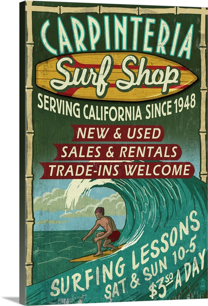 Carpinteria, California - Surf Shop Vintage Sign: Retro Travel Poster