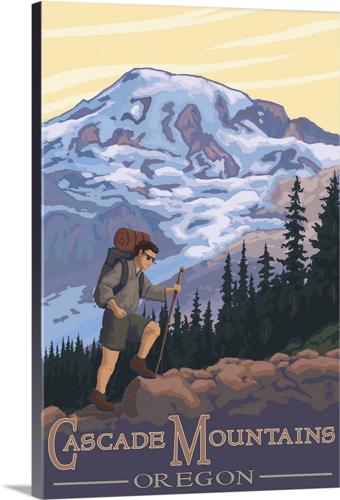 Retro stylized art poster of a hiker trekking up a hill, in the wilderness.