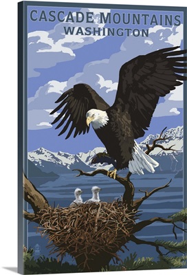 Cascade Mountains, Washington - Eagle Perched with Chicks: Retro Travel Poster