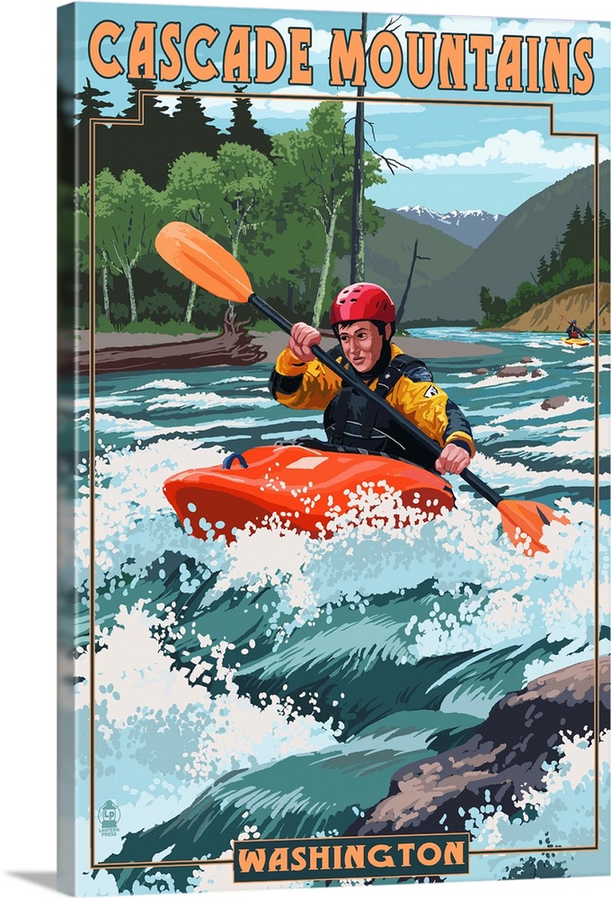 Cascade Mountains, Washington - Kayak Scene: Retro Travel Poster