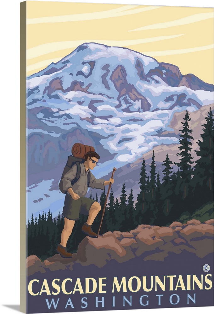 Cascade Mountains, Washington - Mountain Hiker: Retro Travel Poster