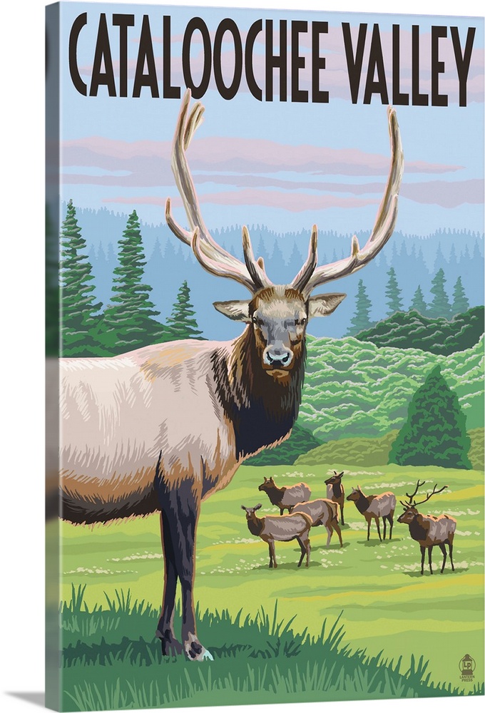 Retro stylized art poster of an elk gazing, with a herd of elk in the background grazing in the wilderness.