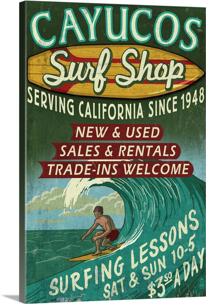 Retro stylized art poster of vintage sign with a surfer in a curled wave on the ocean.