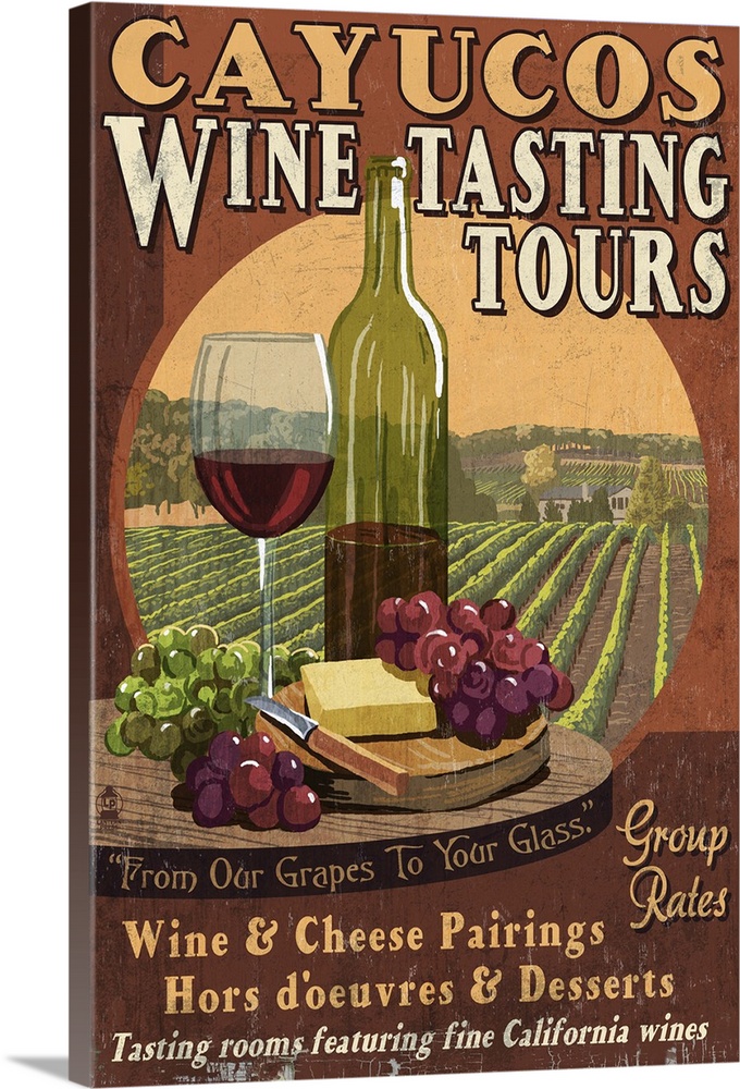 Retro stylized art poster of vintage sign displaying a wine glass with bottle and cheese, and a vineyard in the background.