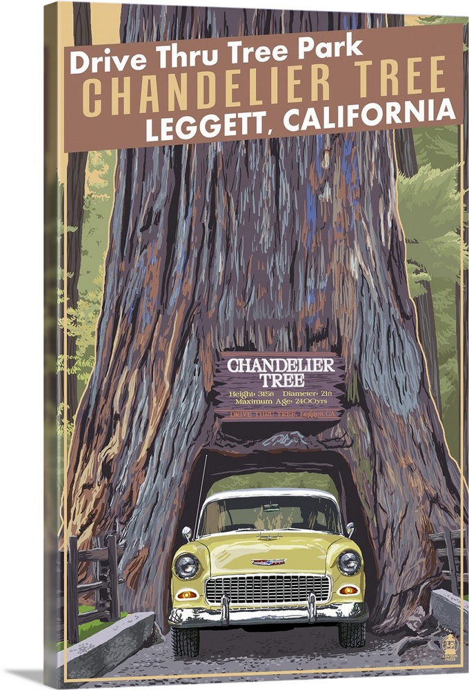 Chandelier Tree - Drive Thru Tree Park, Leggett, California: Retro Travel Poster