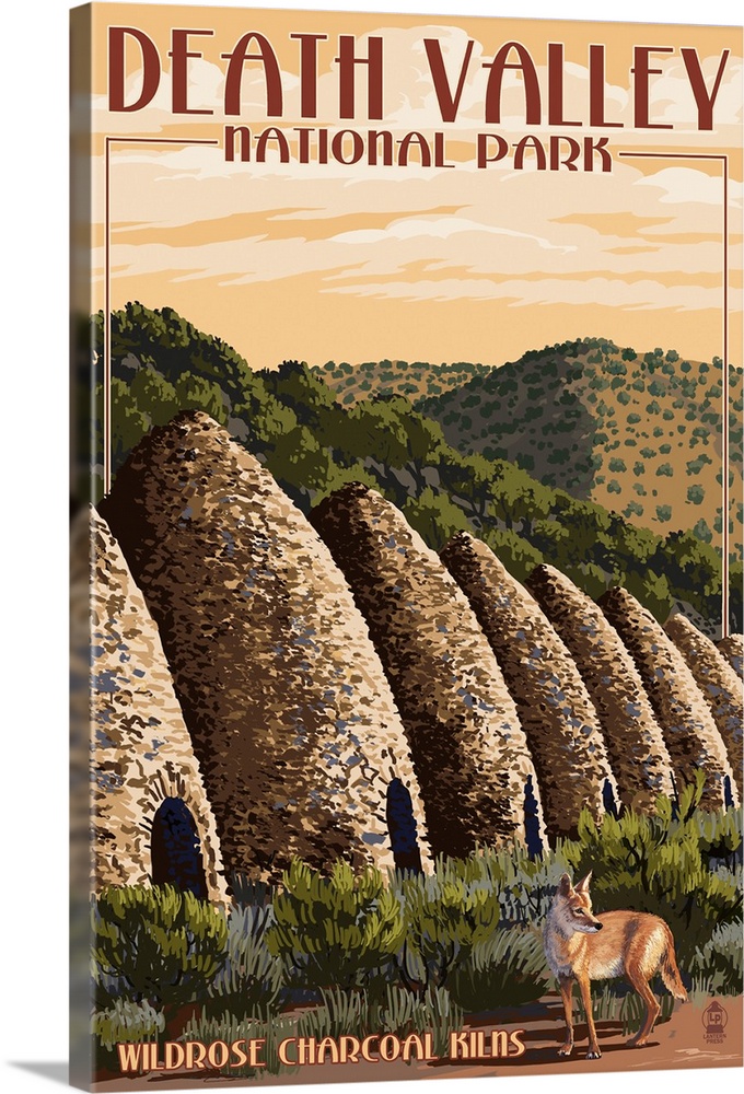Retro stylized art poster of a coyote walking past dome shaped kilns in the desert.