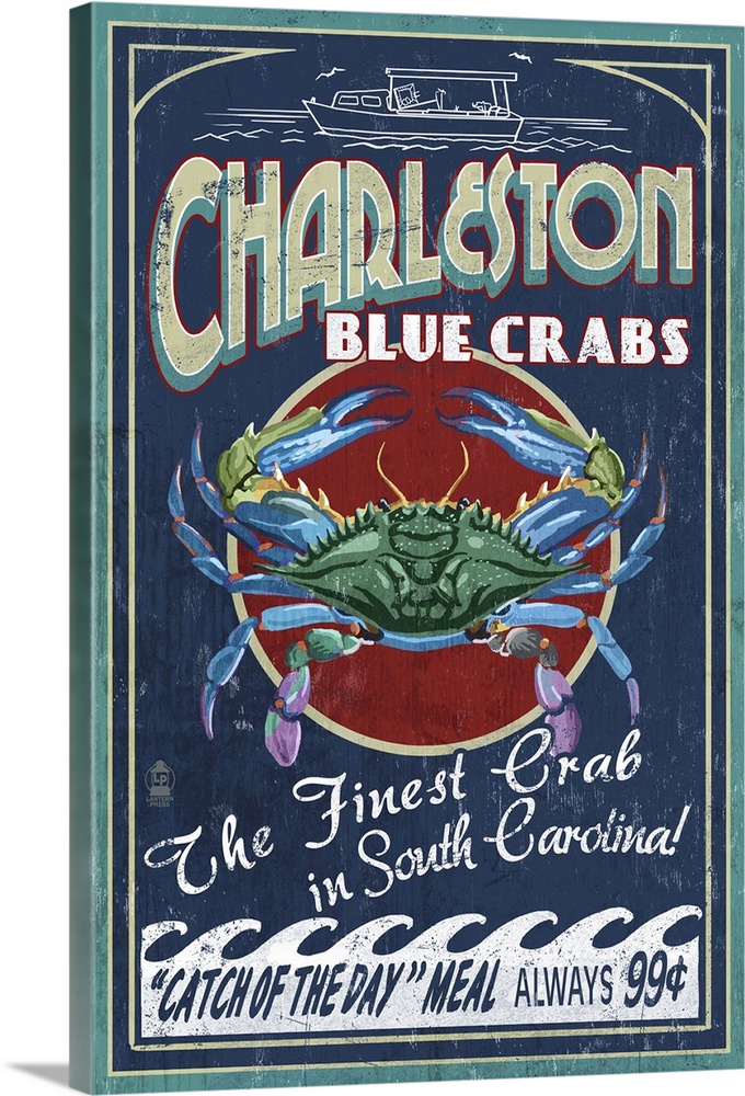 Charleston, South Carolina - Blue Crabs Vintage Sign: Retro Travel Poster