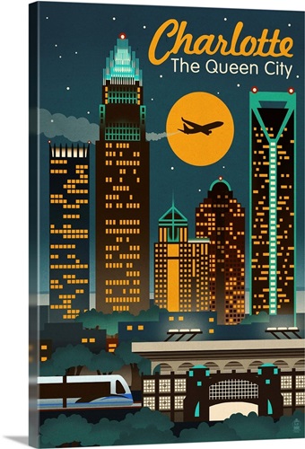 Charlotte, North Carolina - Retro Skyline: Retro Travel Poster | Large Floating Frame Canvas Wall Art | Great Big Canvas