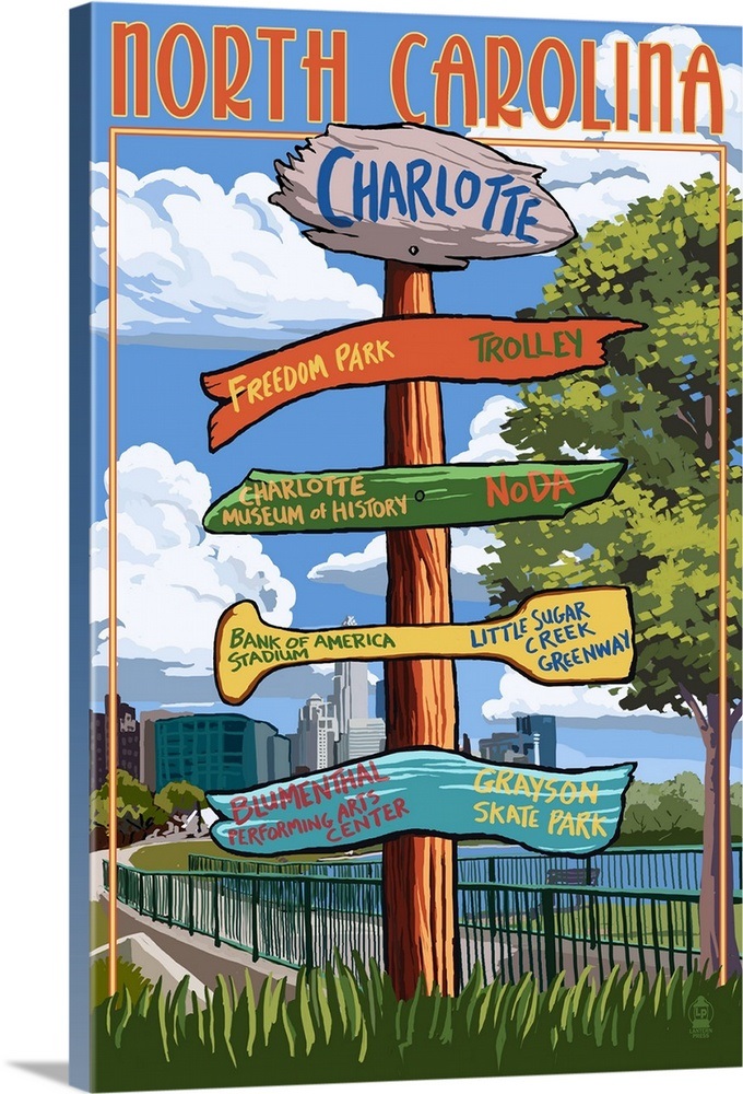 Charlotte, North Carolina Signpost Destinations Retro Travel Poster