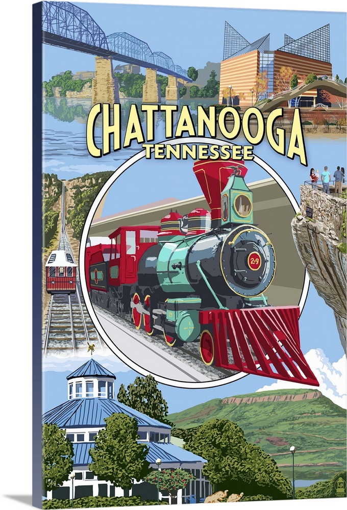 Retro stylized art poster of a montage of images, with a locomotive in the center.