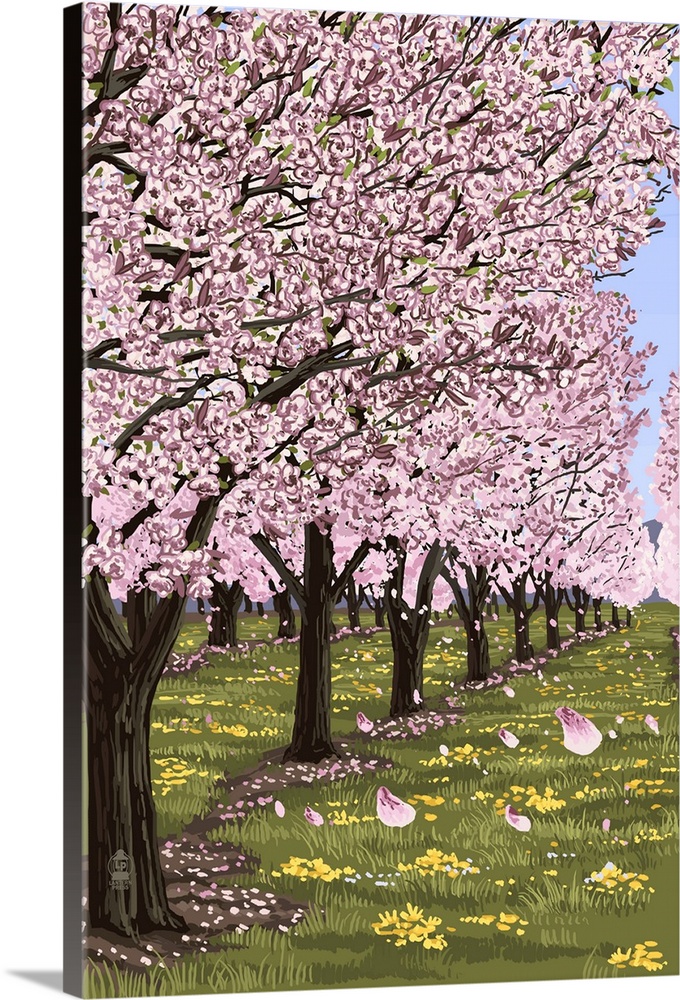 Retro stylized art poster of a cherry blossom orchard in full bloom, with lush green grass.