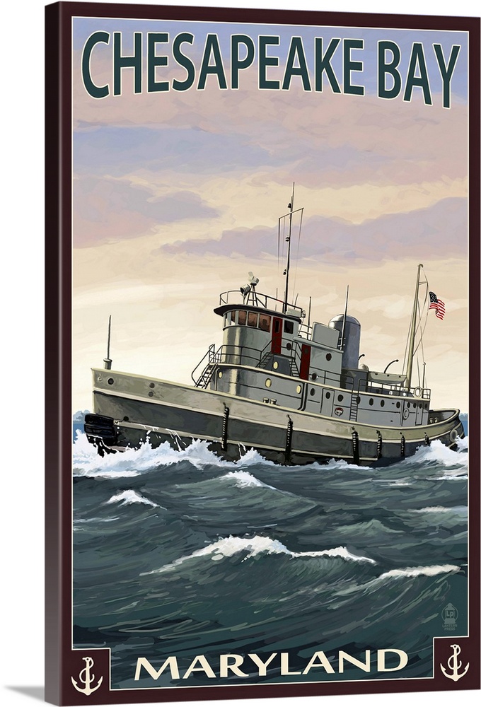 Chesapeake Bay Tugboat Scene: Retro Travel Poster