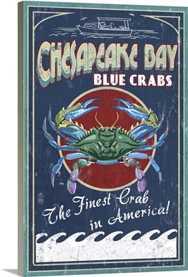 Chesapeake Bay, Virginia - Blue Crab Vintage Sign: Retro Travel Poster