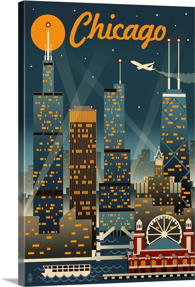 Chicago Illinois - Retro Skyline: Retro Travel Poster