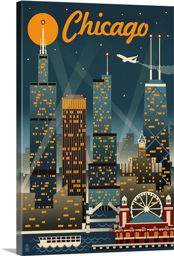 Chicago Illinois - Retro Skyline: Retro Travel Poster | Great Big Canvas