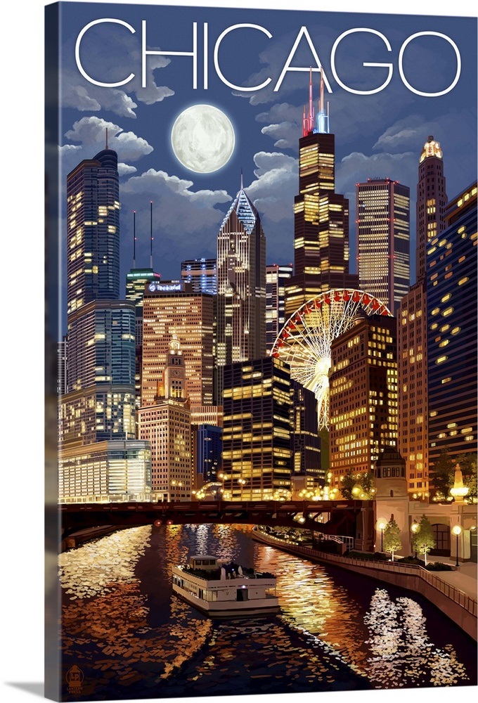 Chicago, Illinois Skyline at Night Retro Travel Poster Wall Art
