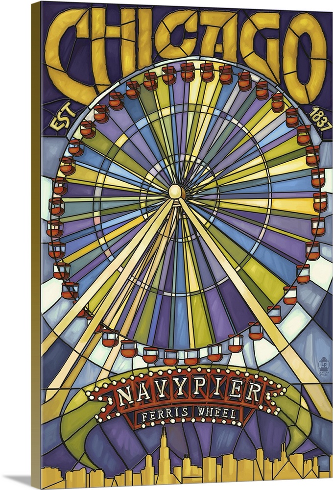 Retro stylized art poster of a ferris wheel scene, in a stained glass style.