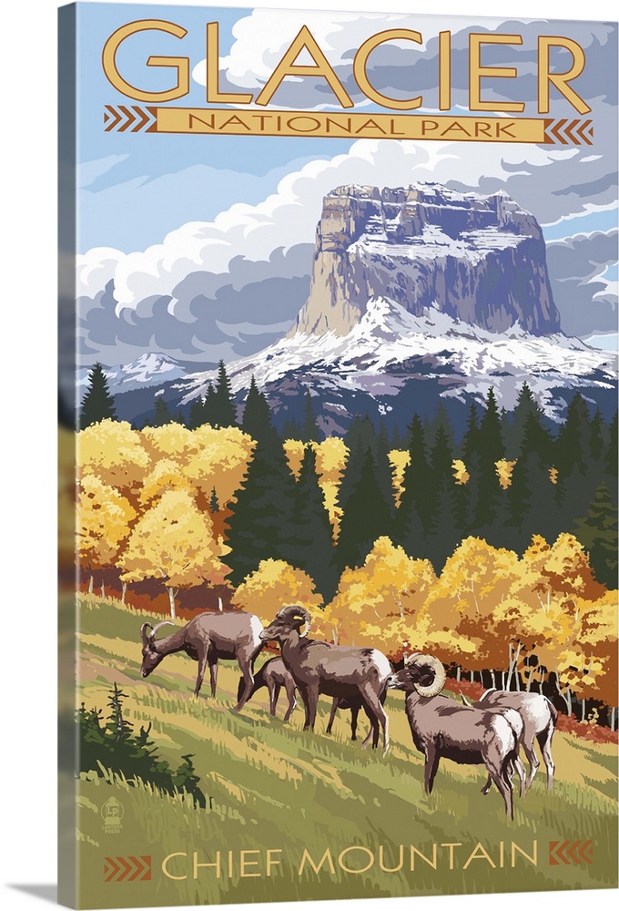 Chief Mountain and Big Horn Sheep - Glacier National Park, Montana: Retro Travel Poster