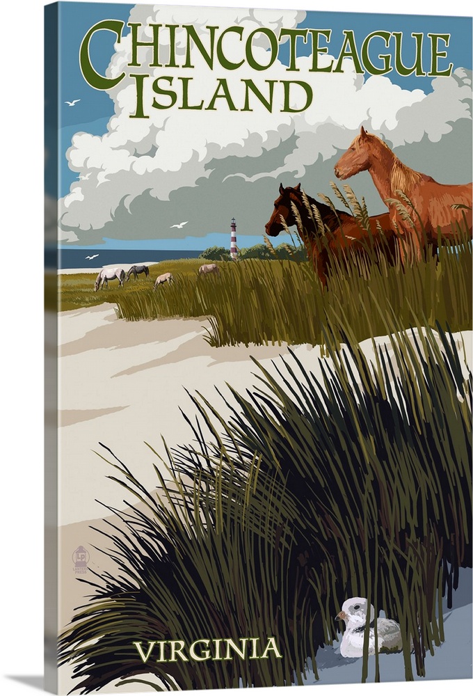 Chincoteague Island, Virginia - Horses and Dunes: Retro Travel Poster