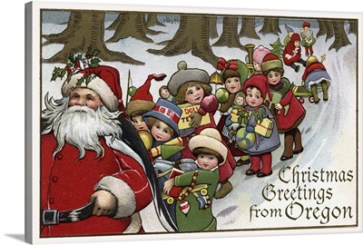 Christmas Greetings from Oregon - Santa and Sleigh: Retro Travel Poster