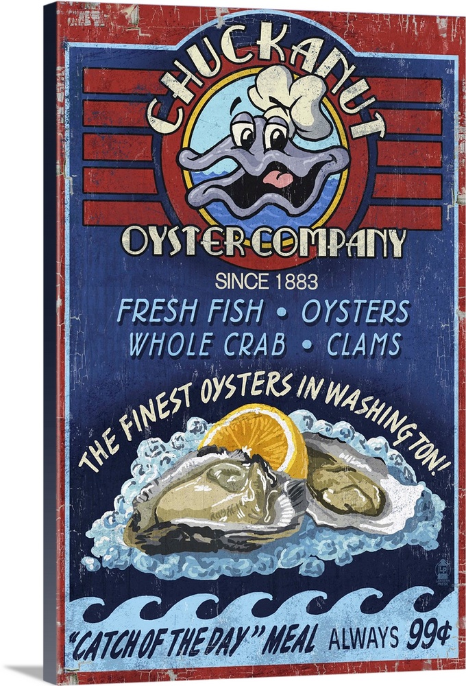 Retro stylized art poster of a vintage seafood market sign displaying clams.