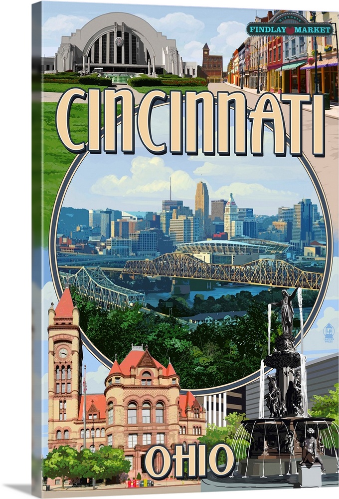 Cincinnati, Ohio - Montage Scenes: Retro Travel Poster